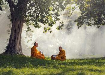 Two monks meditation under the trees with sun ray, Buddha religion concept
